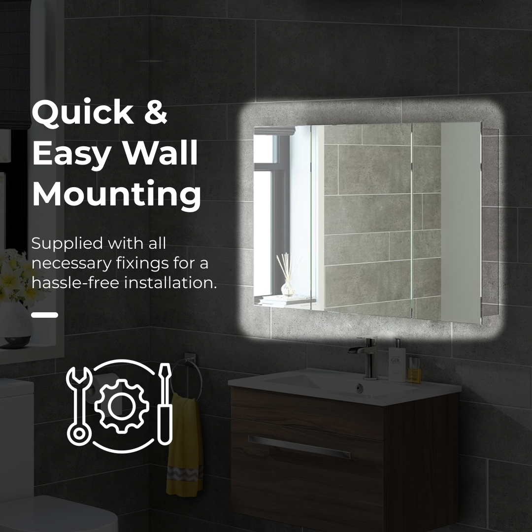 iBathUK Oslo Wall Mounted Mirror Cabinet, Triple Door Bathroom Wall Cabinet in 5 Shelves with Mirror, Modern Storage Unit with Bathroom Mirror in Landscape Orientation in Silver, 600 x 900mm