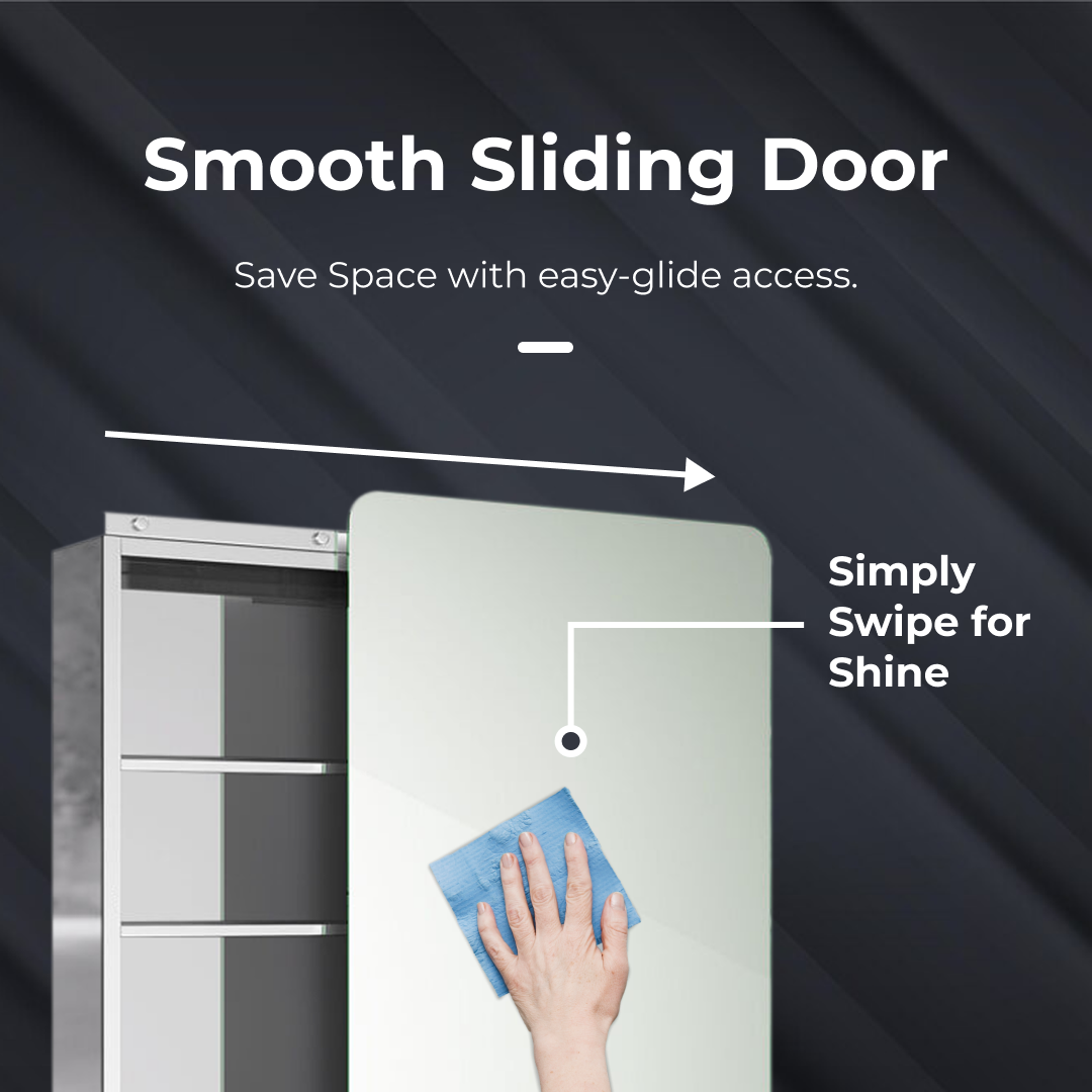 iBathUK Helsinki Wall Mounted Mirror Cabinet with Sliding Mirror Door, Pre-Assembled Modern Stainless Steel Bathroom Storage Unit 1 Door, 2 Shelves with Portrait Orientation in Silver, 660 x 460mm