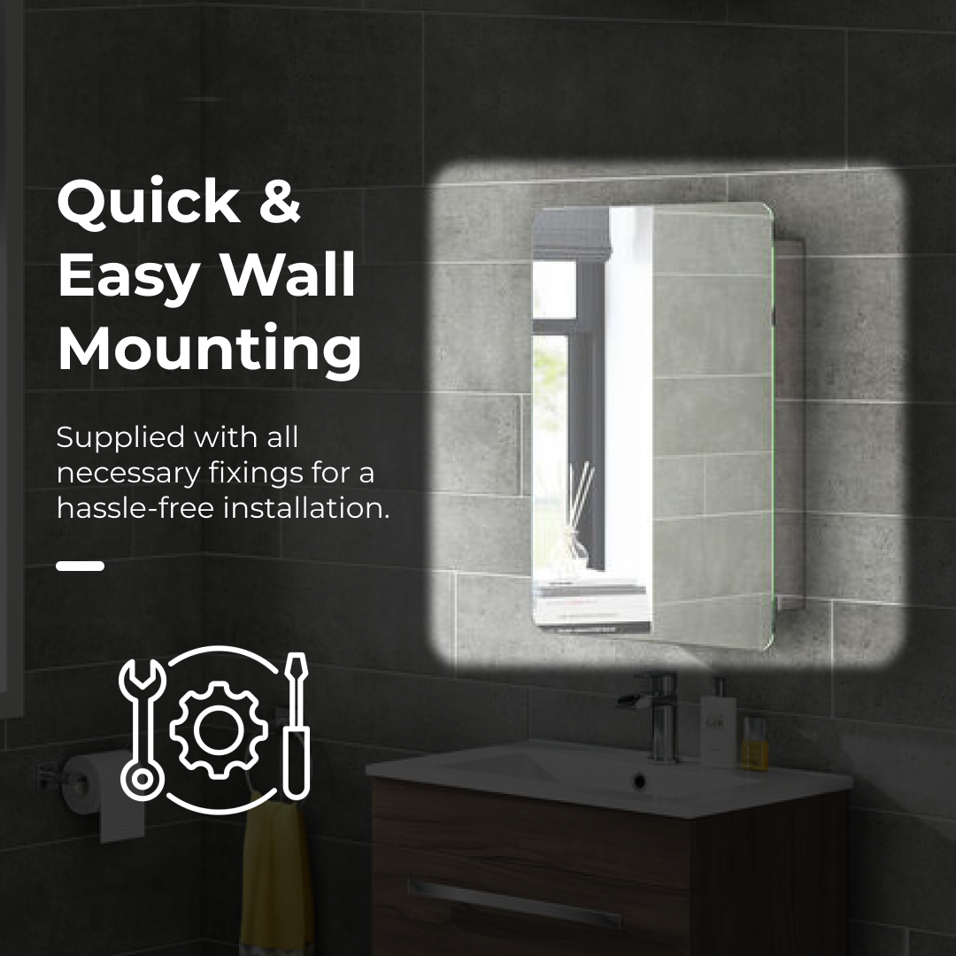 iBathUK Helsinki Wall Mounted Mirror Cabinet with Sliding Mirror Door, Pre-Assembled Modern Stainless Steel Bathroom Storage Unit 1 Door, 2 Shelves with Portrait Orientation in Silver, 660 x 460mm