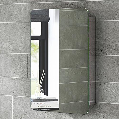 iBathUK Helsinki Wall Mounted Mirror Cabinet with Sliding Mirror Door, Pre-Assembled Modern Stainless Steel Bathroom Storage Unit 1 Door, 2 Shelves with Portrait Orientation in Silver, 660 x 460mm