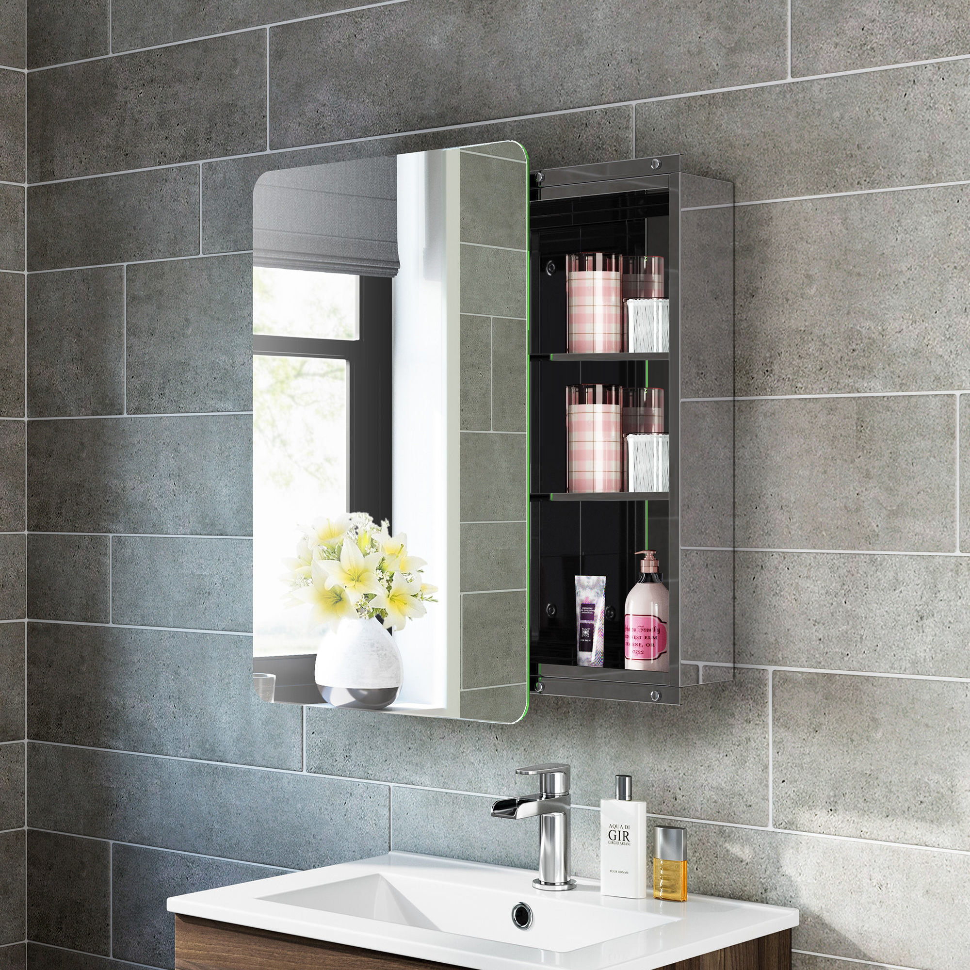 iBathUK Helsinki Wall Mounted Mirror Cabinet with Sliding Mirror Door, Pre-Assembled Modern Stainless Steel Bathroom Storage Unit 1 Door, 2 Shelves with Portrait Orientation in Silver, 660 x 460mm