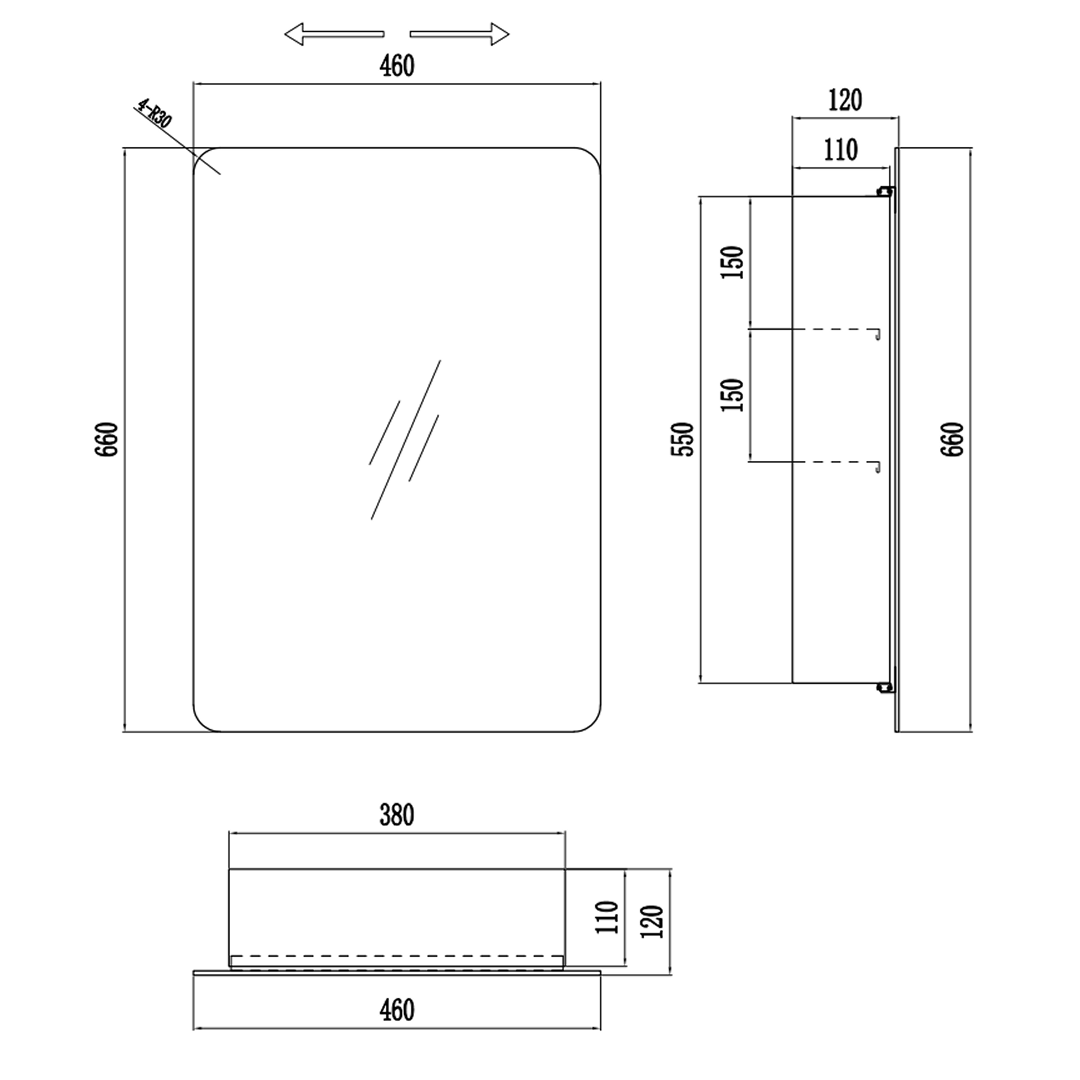 iBathUK Helsinki Wall Mounted Mirror Cabinet with Sliding Mirror Door, Pre-Assembled Modern Stainless Steel Bathroom Storage Unit 1 Door, 2 Shelves with Portrait Orientation in Silver, 660 x 460mm