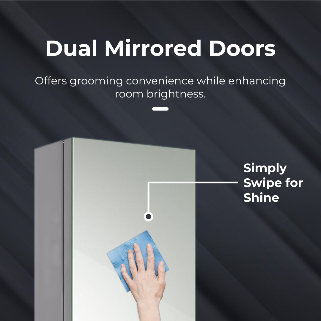 iBathUK Bergen Wall Mounted Tall Stainless Steel Bathroom Mirror Cabinet, Double Door Storage Unit with 5 Internal Shelves, Pre-Assembled Plain Mirror with Hinged Doors in Silver Finish, 1300 x 300mm