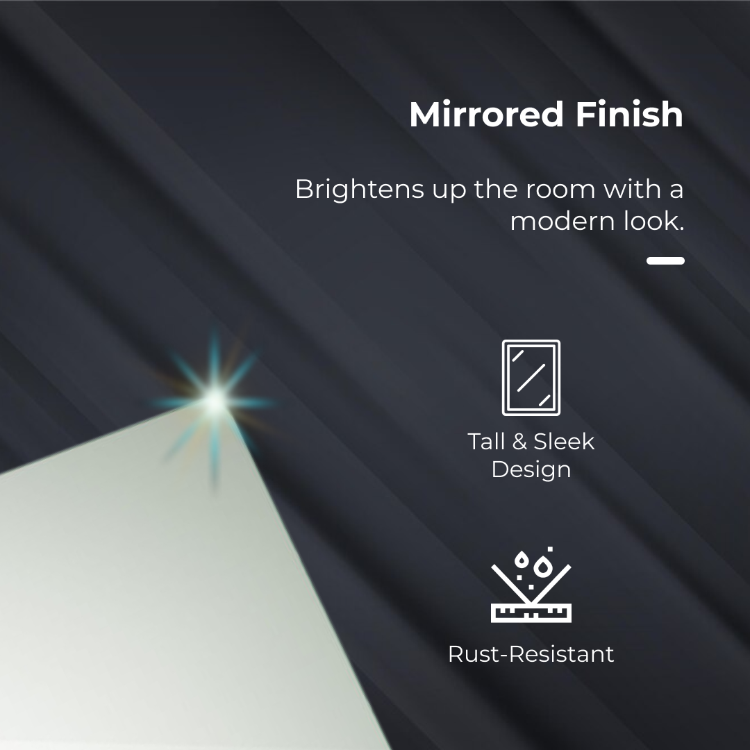 iBathUK Bergen Wall Mounted Tall Stainless Steel Bathroom Mirror Cabinet, Double Door Storage Unit with 5 Internal Shelves, Pre-Assembled Plain Mirror with Hinged Doors in Silver Finish, 1300 x 300mm