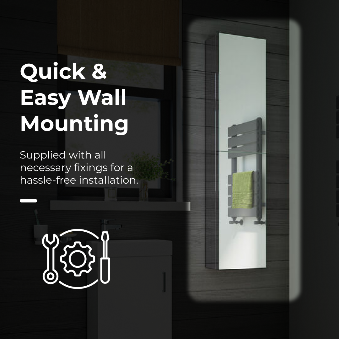 iBathUK Bergen Wall Mounted Tall Stainless Steel Bathroom Mirror Cabinet, Double Door Storage Unit with 5 Internal Shelves, Pre-Assembled Plain Mirror with Hinged Doors in Silver Finish, 1300 x 300mm