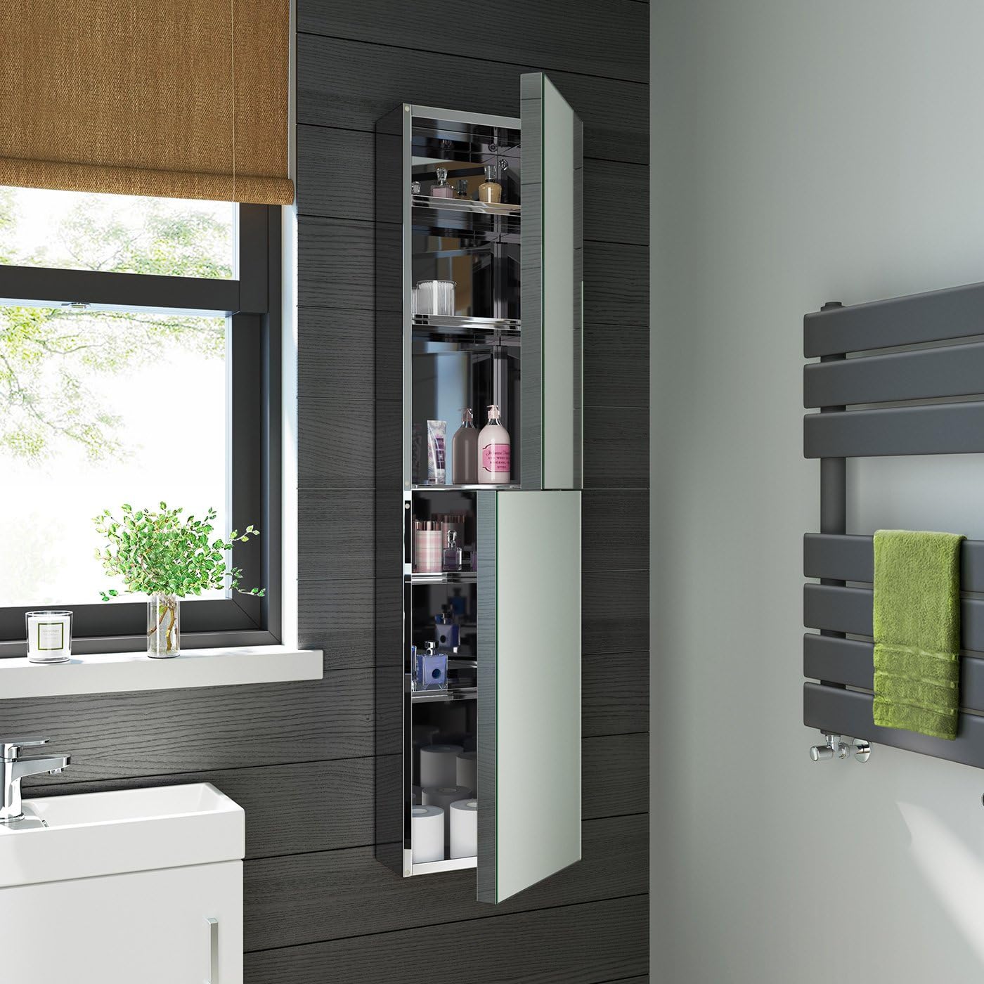 iBathUK Bergen Wall Mounted Tall Stainless Steel Bathroom Mirror Cabinet, Double Door Storage Unit with 5 Internal Shelves, Pre-Assembled Plain Mirror with Hinged Doors in Silver Finish, 1300 x 300mm