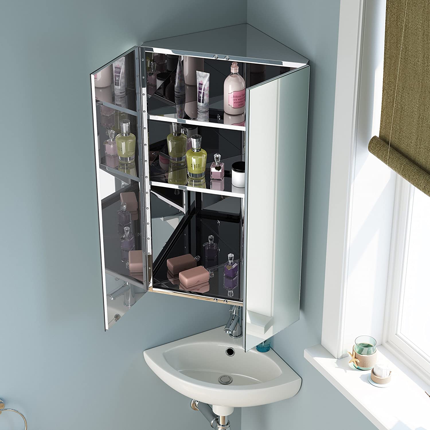 iBathUK Rehaus Wall-Mounted Vertical Corner Bathroom Mirror Cabinet, Stainless Steel 2-Door Storage Unit with Adjustable Shelves, Modern Bathroom Cabinet in Silver, 780 x 450mm
