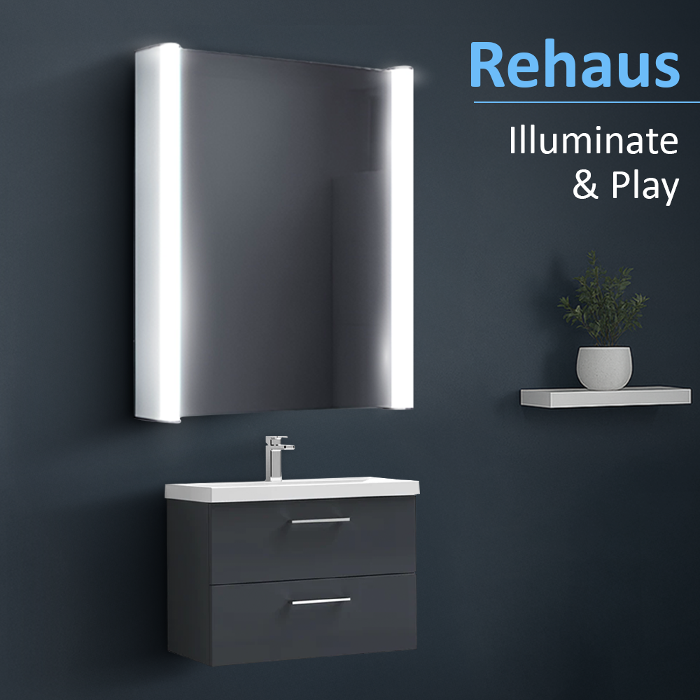 iBathUK Rehaus Wall-Mounted LED Illuminated Mirror Cabinet with Bluetooth, Shaver Socket, Touch Sensor, Adjustable Glass Shelves, Modern Bathroom Cabinet With Mirror in Silver, 500x650mm