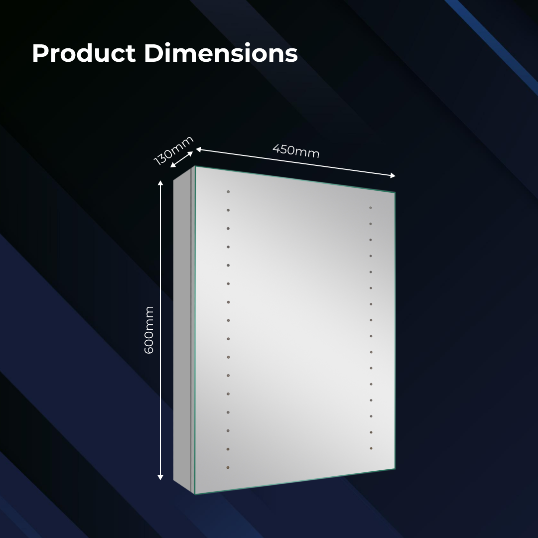 iBathUK Lunar Wall Mounted LED Bathroom Mirror Cabinet, Aluminium Build Illuminated Mirror with Hinged Door Cabinet and 16 LED Lights and Adjustable Glass Shelves in Silver Finish, 450 x 600mm