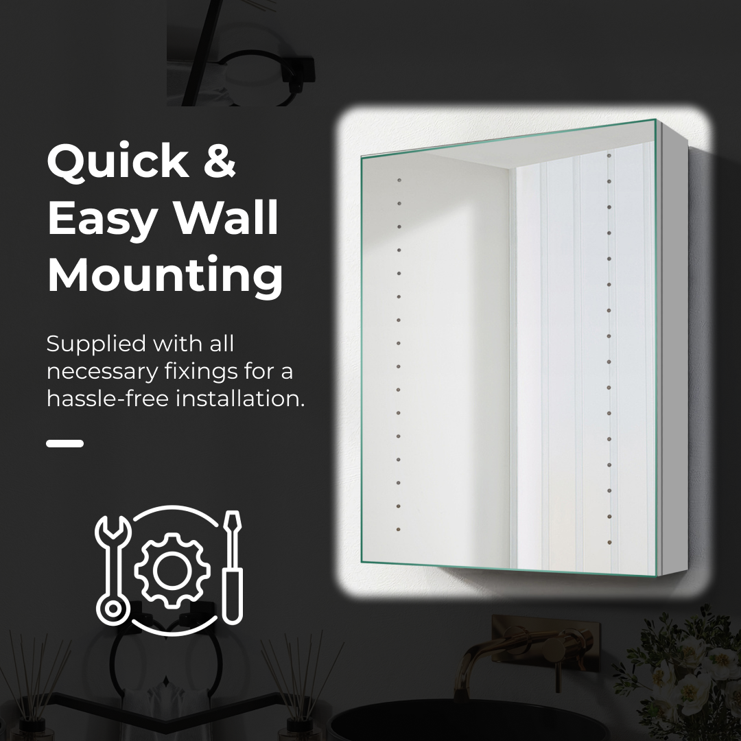 iBathUK Lunar Wall Mounted LED Bathroom Mirror Cabinet, Aluminium Build Illuminated Mirror with Hinged Door Cabinet and 16 LED Lights and Adjustable Glass Shelves in Silver Finish, 450 x 600mm