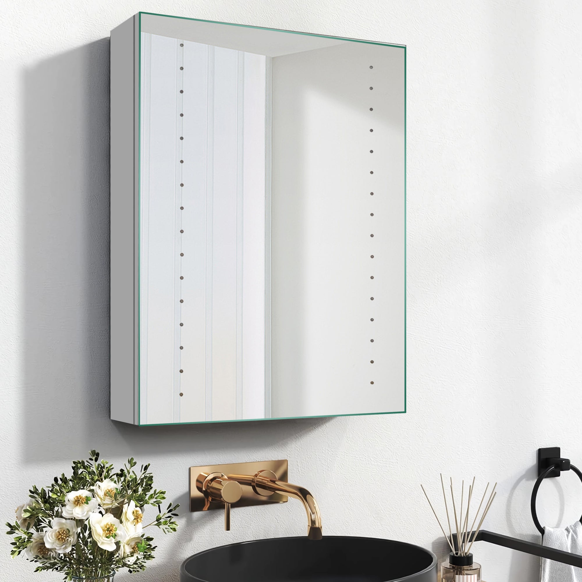 iBathUK Lunar Wall Mounted LED Bathroom Mirror Cabinet, Aluminium Build Illuminated Mirror with Hinged Door Cabinet and 16 LED Lights and Adjustable Glass Shelves in Silver Finish, 450 x 600mm