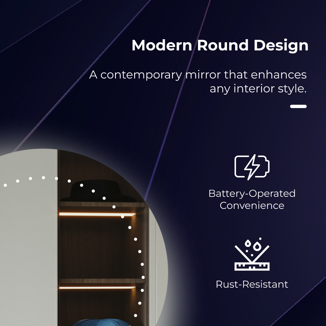 iBathUK Luna Wall Mounted Round LED Bathroom Mirror 5 Battery Powered, Modern Illuminated Vanity Mirror for Bathrooms, Portrait or Landscape Aluminium Frame, 500x500mm