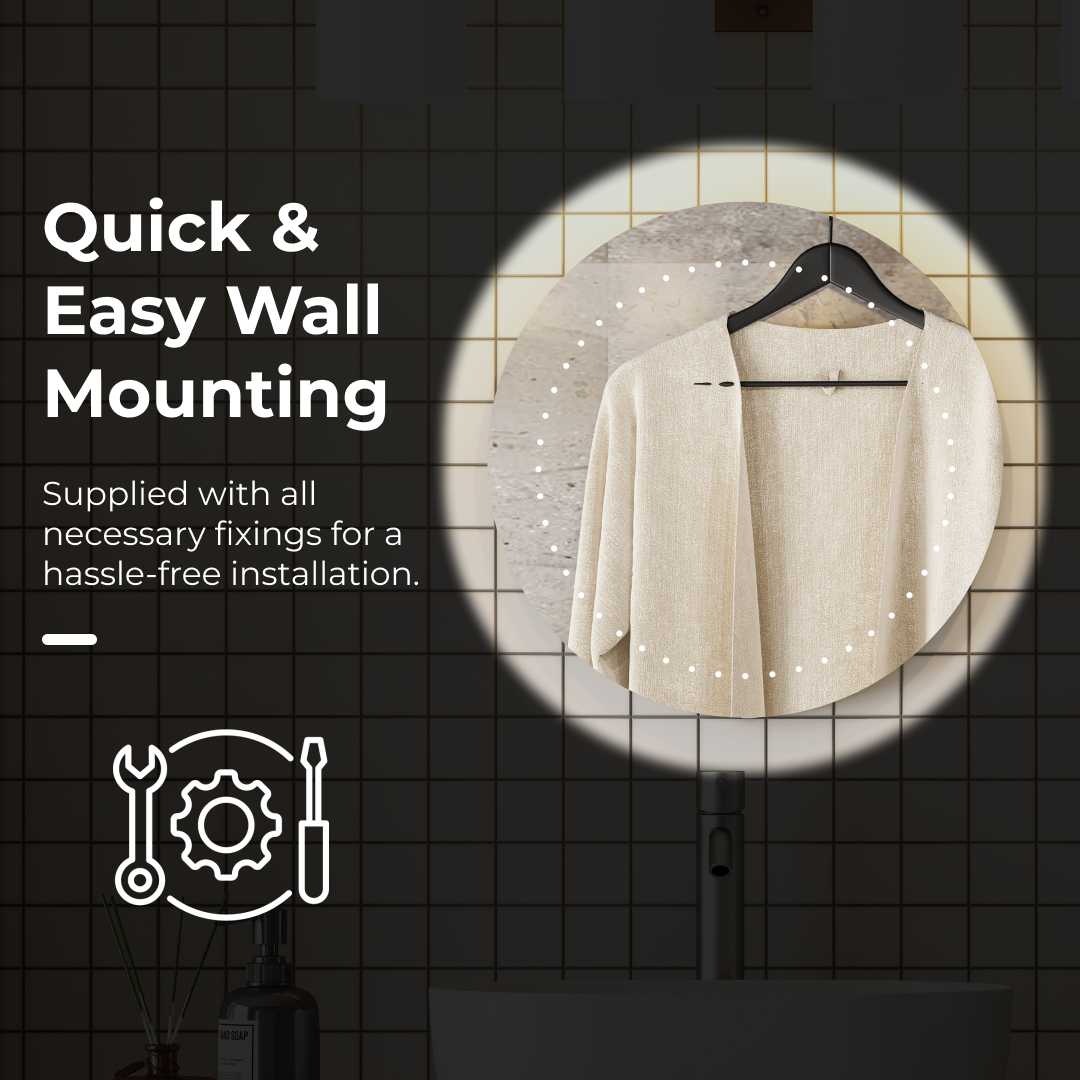 iBathUK Luna Wall Mounted Round LED Bathroom Mirror 5 Battery Powered, Modern Illuminated Vanity Mirror for Bathrooms, Portrait or Landscape Aluminium Frame, 500x500mm