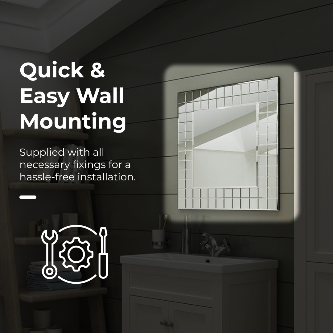 iBathUK Milan Wall Mount Modern Bathroom Mosaic Square Wall Mirror, Designer Mirror Square with Mirror Tiles, Portrait or Landscape Contemporary Style, 600 x 600 mm