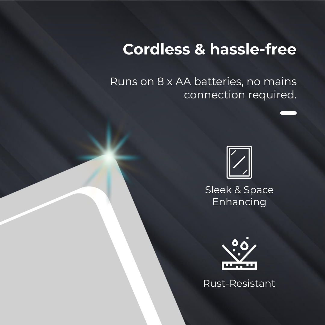 iBathUK Halo Wall Mounted LED Bathroom Mirror, Battery Powered Illuminated Mirror with Cool White 6500K Light, Light Up Mirror with Portrait or Landscape Mount in Modern Aluminium Frame, 500 x 700mm