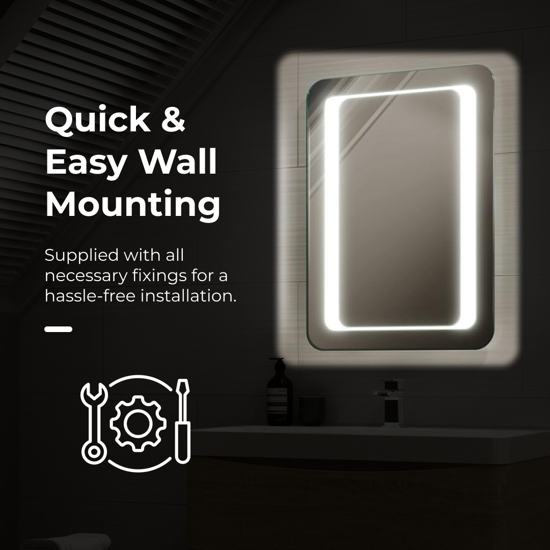 iBathUK Halo Wall Mounted LED Bathroom Mirror, Battery Powered Illuminated Mirror with Cool White 6500K Light, Light Up Mirror with Portrait or Landscape Mount in Modern Aluminium Frame, 500 x 700mm