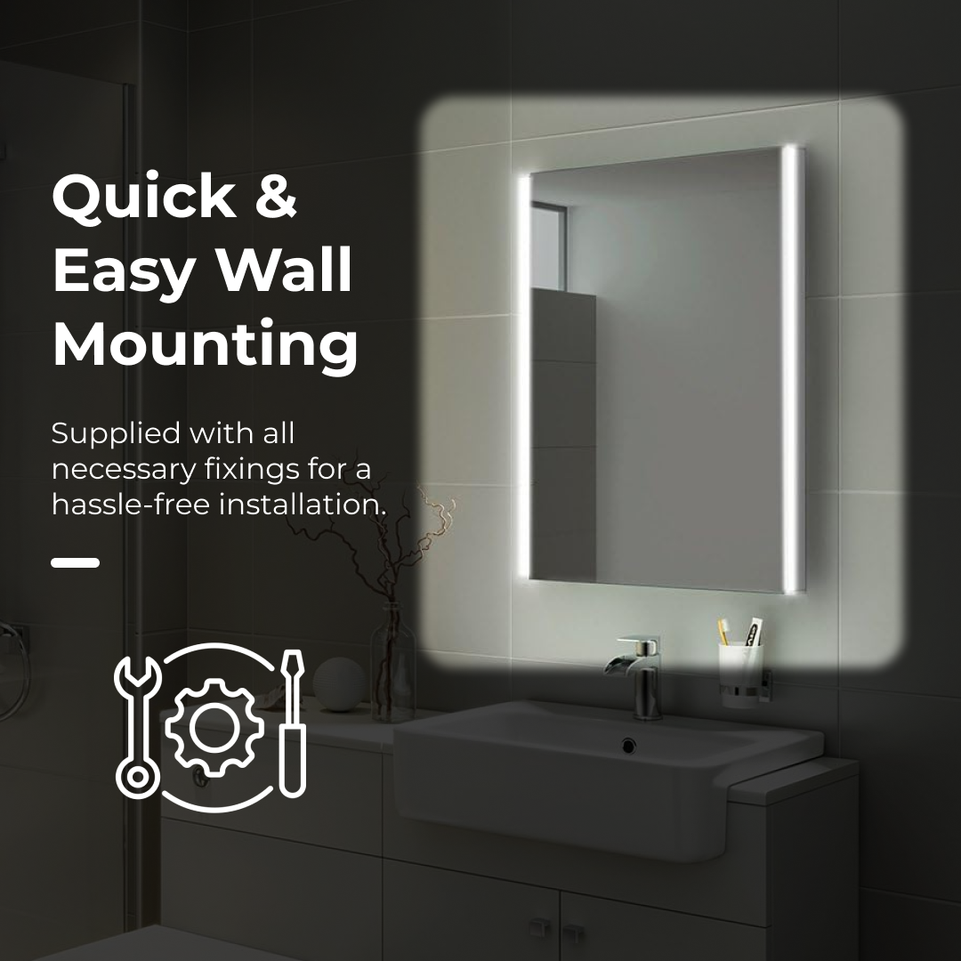 iBathUK Aurora Wall Mounted LED Bathroom Mirror, Modern Battery Powered Illuminated Mirror with Dual 6500K Cool White Light Strips with Portrait or Landscape Mount in Aluminium Frame, 500 x 700mm