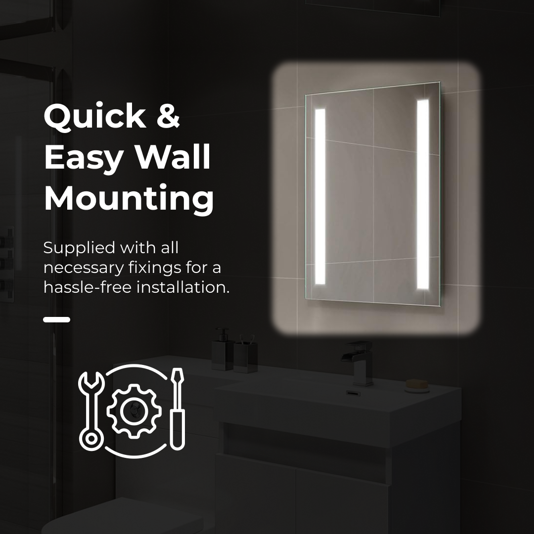 iBathUK Eclipse Wall Mounted LED Bathroom Mirror, Modern Battery Powered Illuminated Mirror with Cool White Dual Light Strips in Portrait or Landscape Orientation in Aluminium Frame, 500 x 700mm