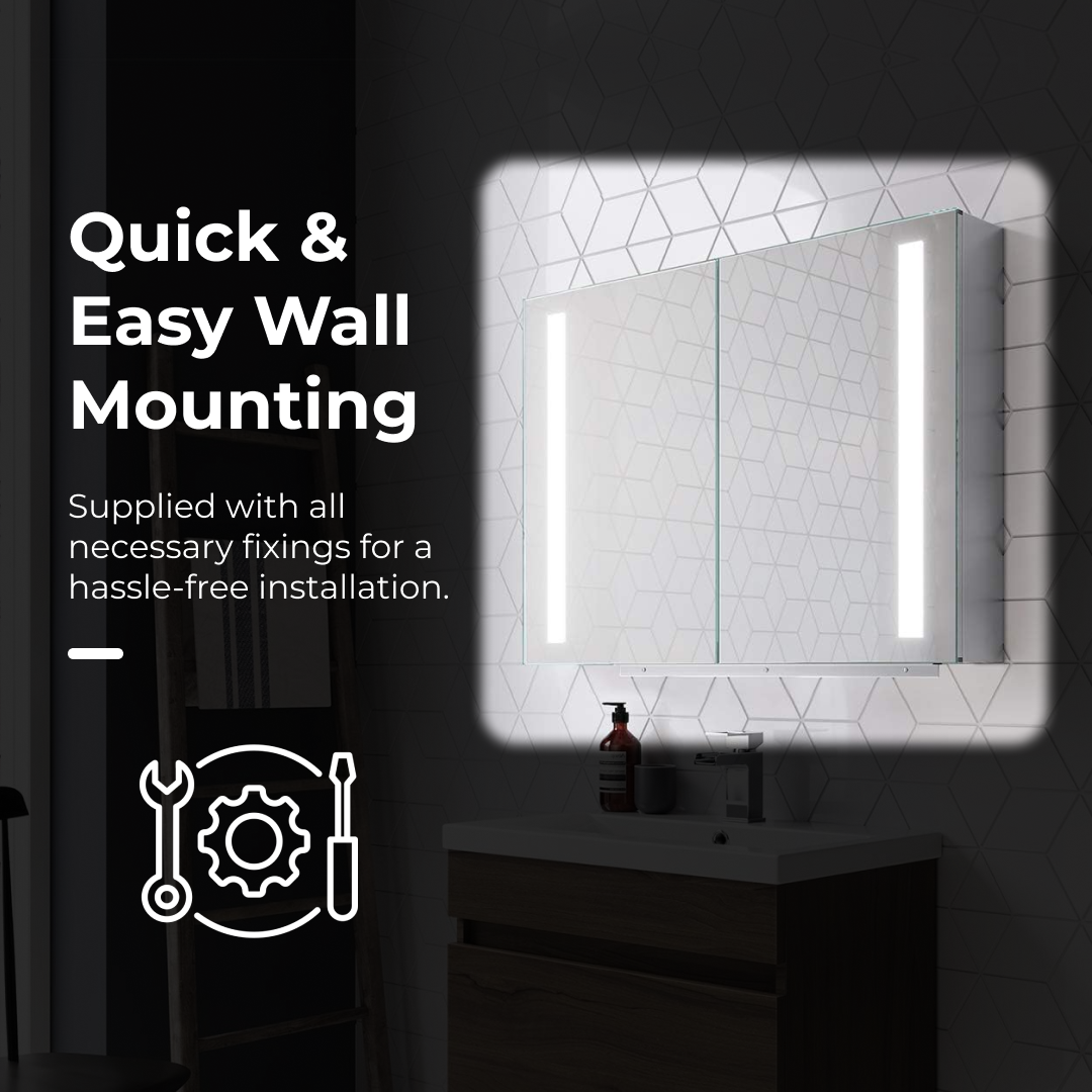 iBathUK Astrid Wall Mounted LED Bathroom Mirror Cabinet, Modern Illuminated Cabinet with 2 Hinged Door, Mirror Cabinet with Light and Bathroom Storage Landscape Orientation in Silver Finish, 800x600mm