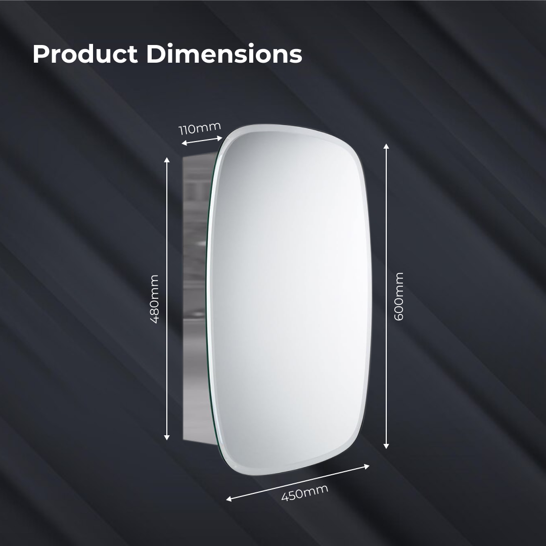 iBathUK Copenhagen Wall Mounted Mirror Cabinet, Single Door Bathroom Mirror Cabinet with Stainless Steel Body and Hinged Door, Built-In Shelf Storage, Portrait Orientation in Silver 600 x 450mm