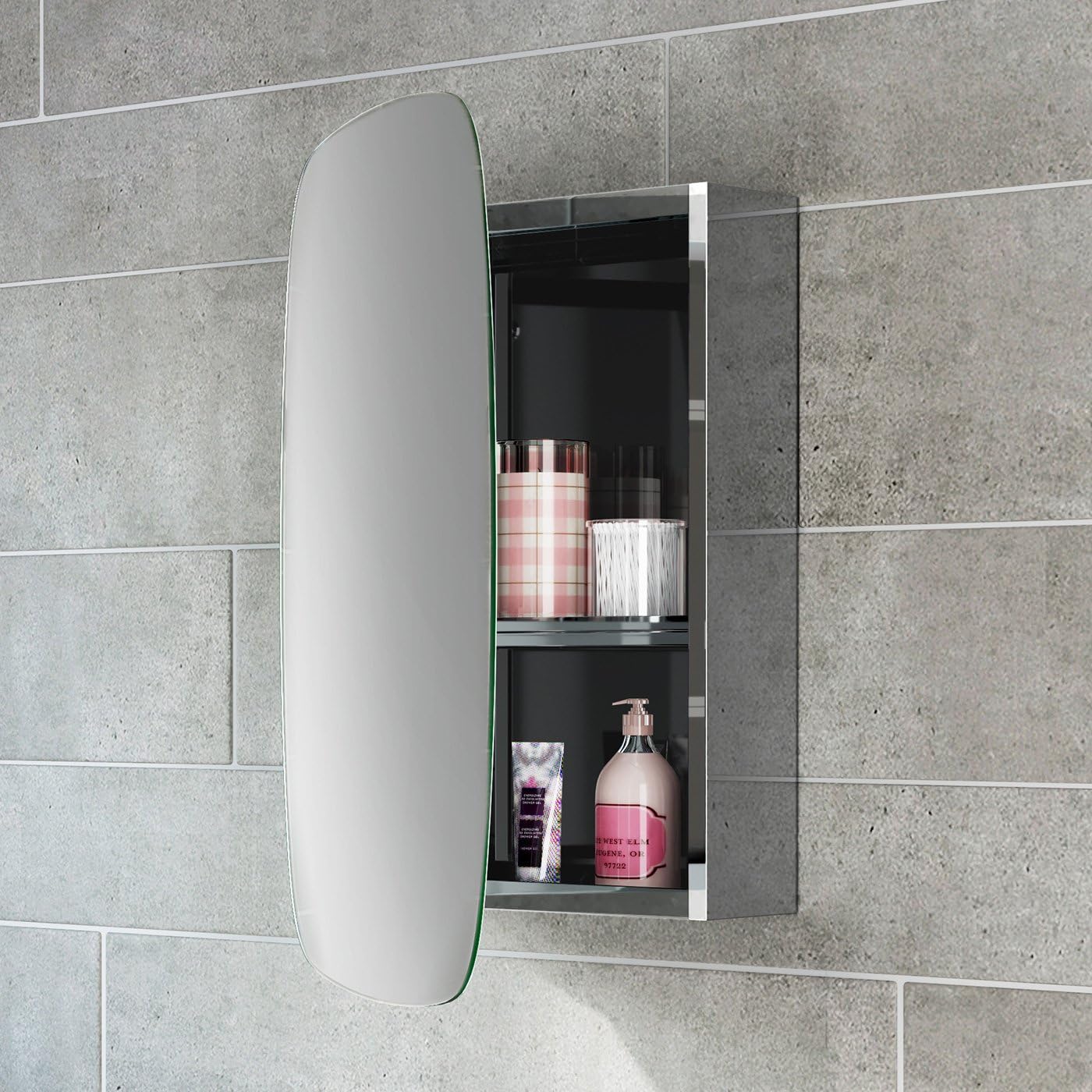 iBathUK Copenhagen Wall Mounted Mirror Cabinet, Single Door Bathroom Mirror Cabinet with Stainless Steel Body and Hinged Door, Built-In Shelf Storage, Portrait Orientation in Silver 600 x 450mm
