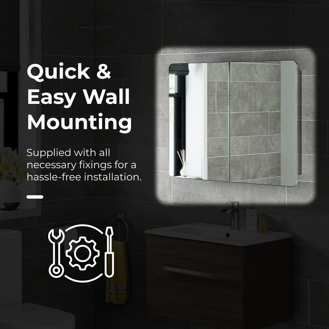 iBathUK Malmo Wall Mounted Double Door Mirror Cabinet, Pre-Assembled Modern Design Bathroom Mirror Storage Unit with 3 Shelves, Hinged Doors in Silver Finish, 600 x 800mm