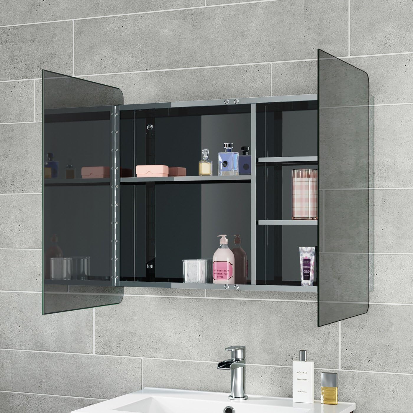 iBathUK Malmo Wall Mounted Double Door Mirror Cabinet, Pre-Assembled Modern Design Bathroom Mirror Storage Unit with 3 Shelves, Hinged Doors in Silver Finish, 600 x 800mm