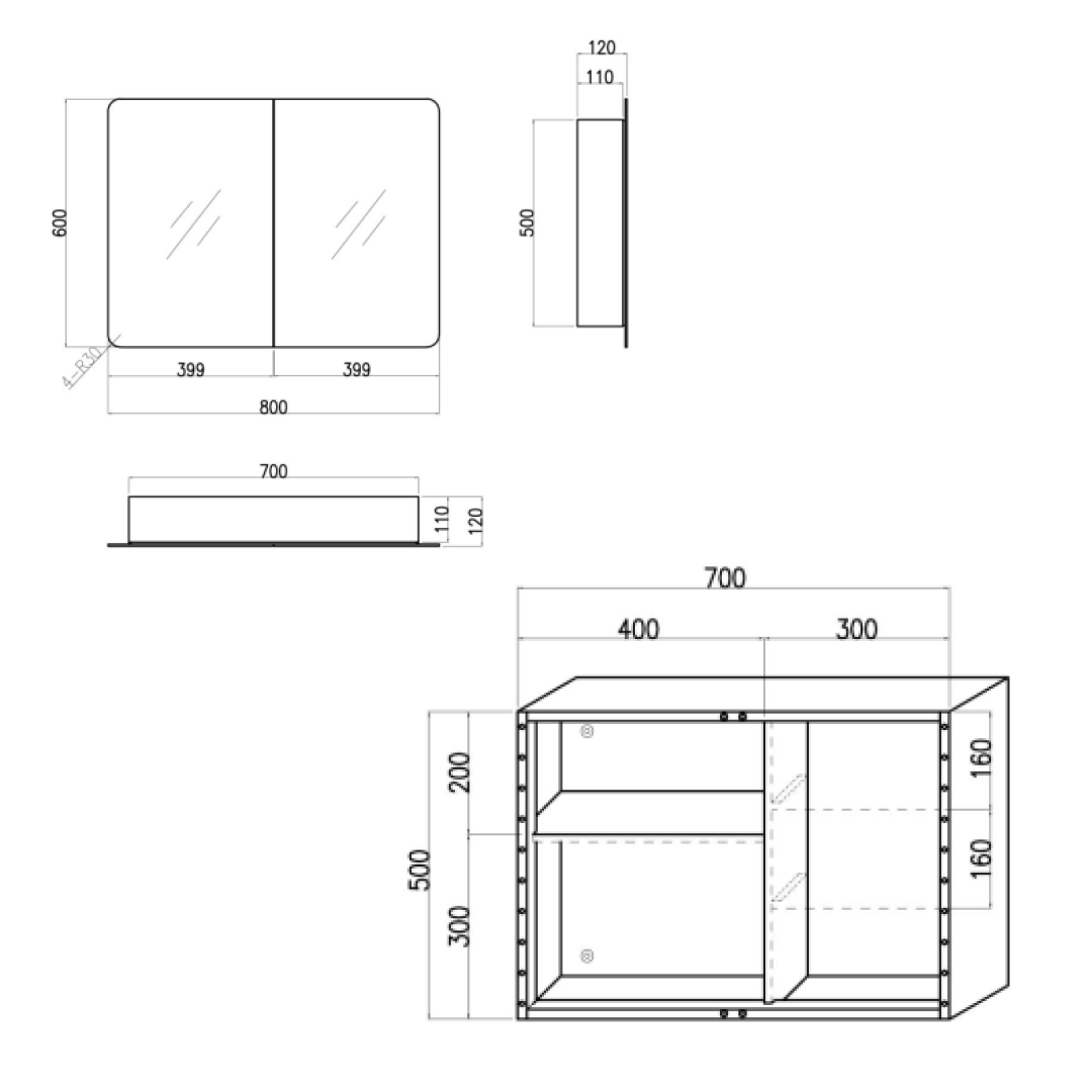 iBathUK Malmo Wall Mounted Double Door Mirror Cabinet, Pre-Assembled Modern Design Bathroom Mirror Storage Unit with 3 Shelves, Hinged Doors in Silver Finish, 600 x 800mm