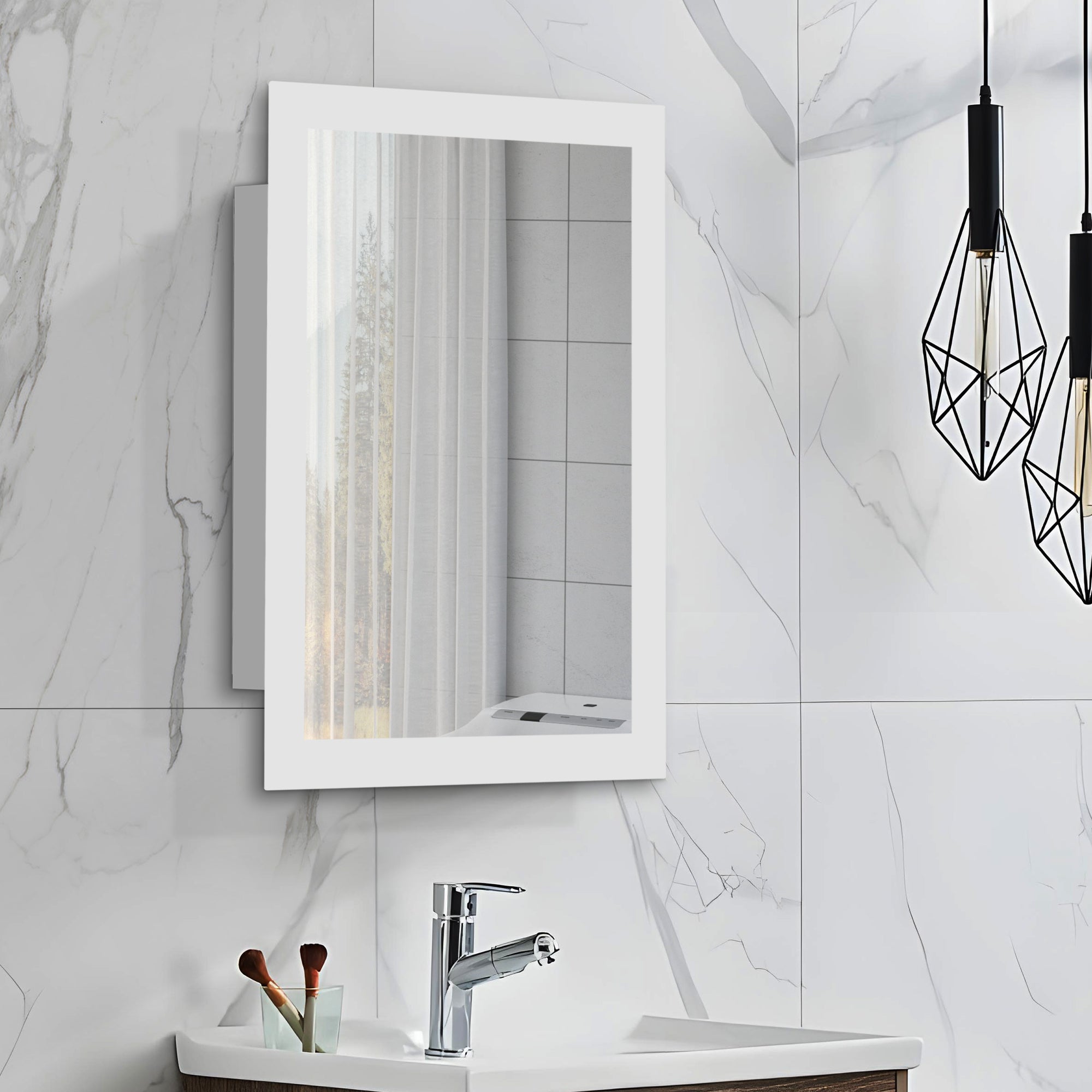 iBathUK Bristol Wall Mounted Mirror Cabinet with Sliding Door, Pre-Assembled Modern Bathroom Plain Mirror Storage Unit Internal Shelf with Portrait Orientation in Silver Finish, 660 x 480mm