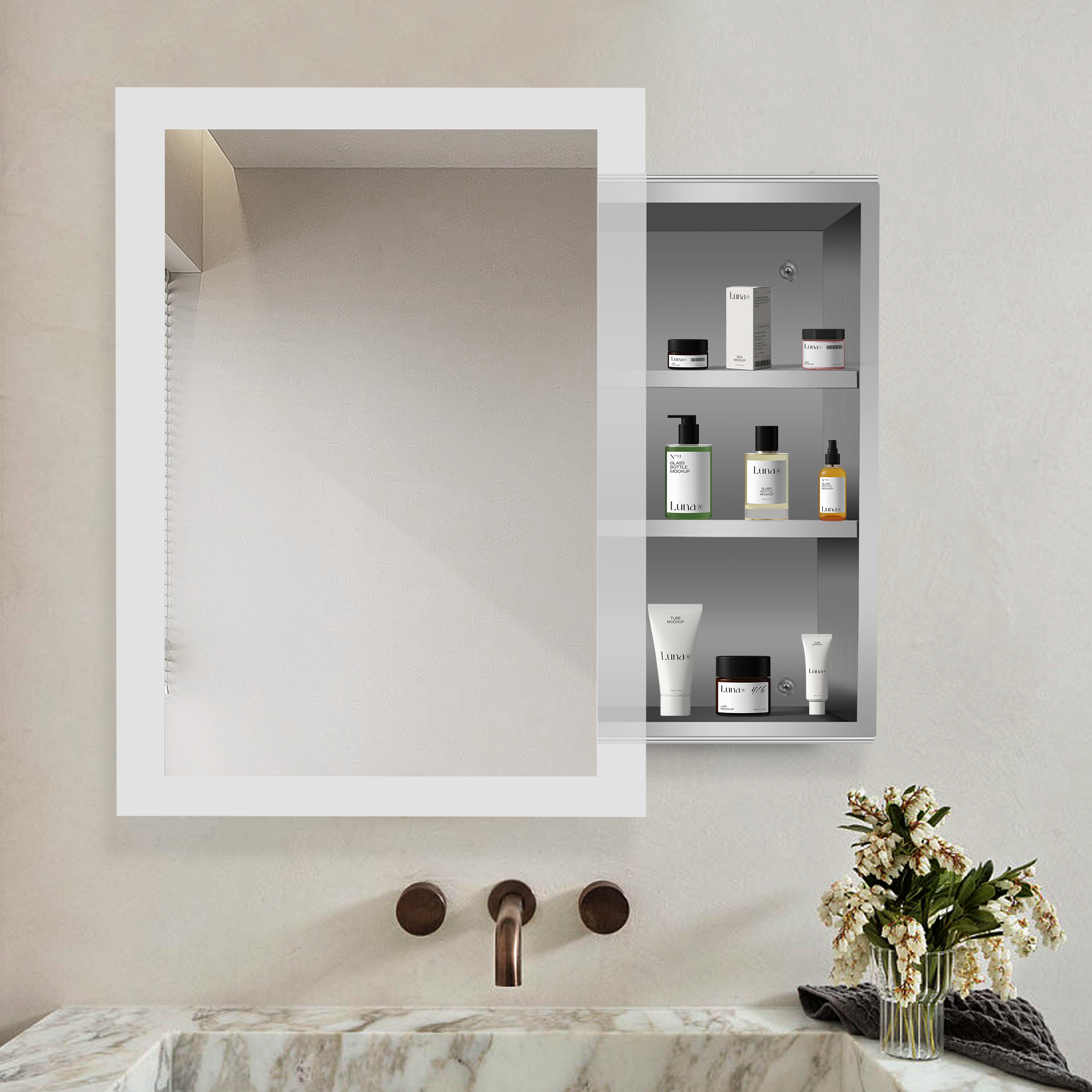 iBathUK Bristol Wall Mounted Mirror Cabinet with Sliding Door, Pre-Assembled Modern Bathroom Plain Mirror Storage Unit Internal Shelf with Portrait Orientation in Silver Finish, 660 x 480mm