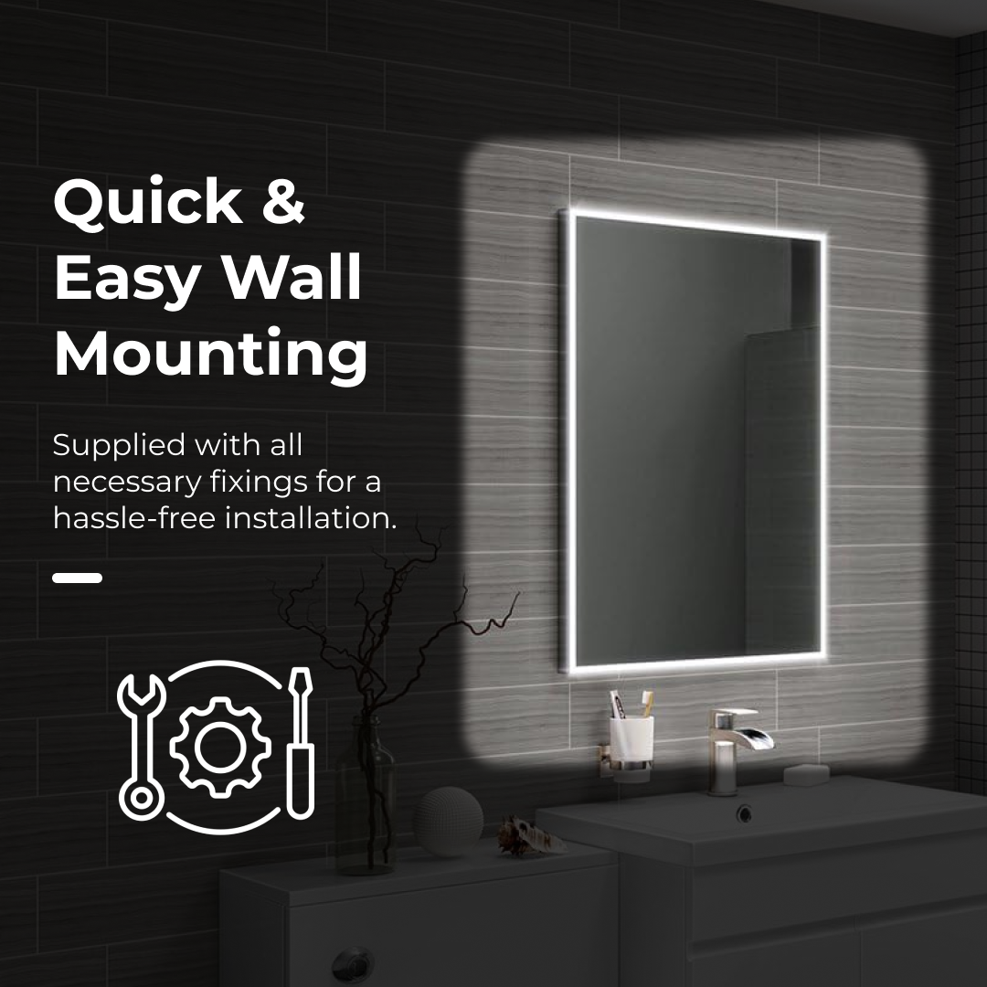 iBathUK Spectra Wall Mounted LED Bathroom Mirror, Modern Pre-Assembled Illuminated Light Up Mirror with Demister Pad with Touchless Sensor Switch, Portrait or Landscape Mounting, 500 x 700mm