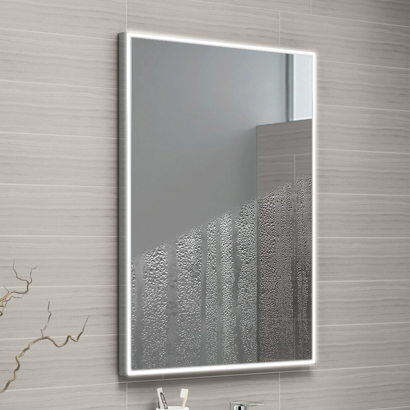 iBathUK Spectra Wall Mounted LED Bathroom Mirror, Modern Pre-Assembled Illuminated Light Up Mirror with Demister Pad with Touchless Sensor Switch, Portrait or Landscape Mounting, 500 x 700mm