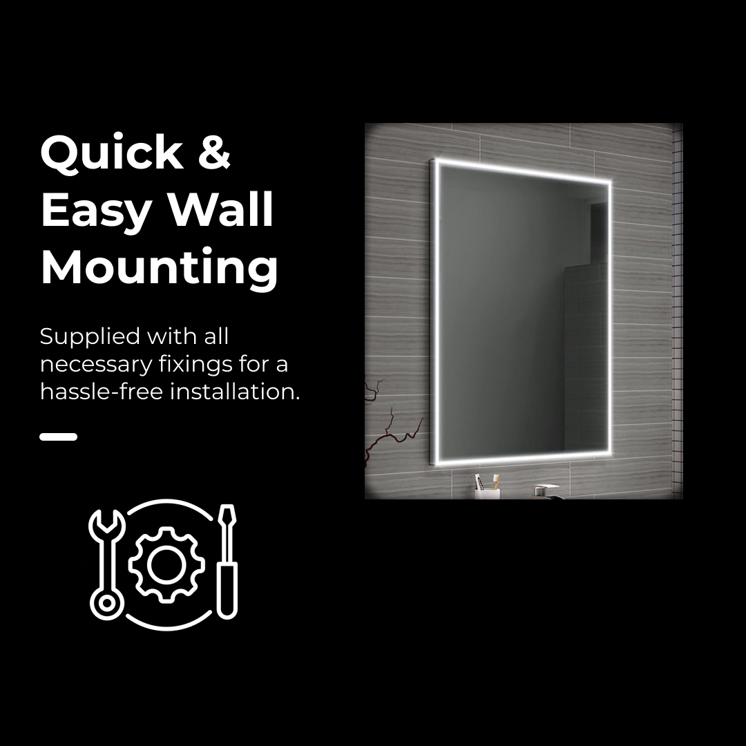 iBathUK Spectra Wall Mounted LED Bathroom Mirror, Modern Pre-Assembled Illuminated Light Up Mirror with Demister Pad with Touchless Sensor Switch, Portrait or Landscape Mounting, 600 x 800 mm