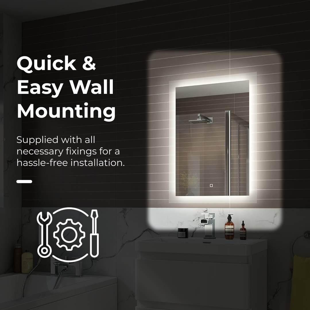 iBathUK Lustre Wall Mounted LED Bathroom Mirror, Modern Pre-Assembled Illuminated Light Up Mirror with 6500K LED Lighting, Demister Pad and Touch Switch Control, Portrait Mounting, 500 x 700mm