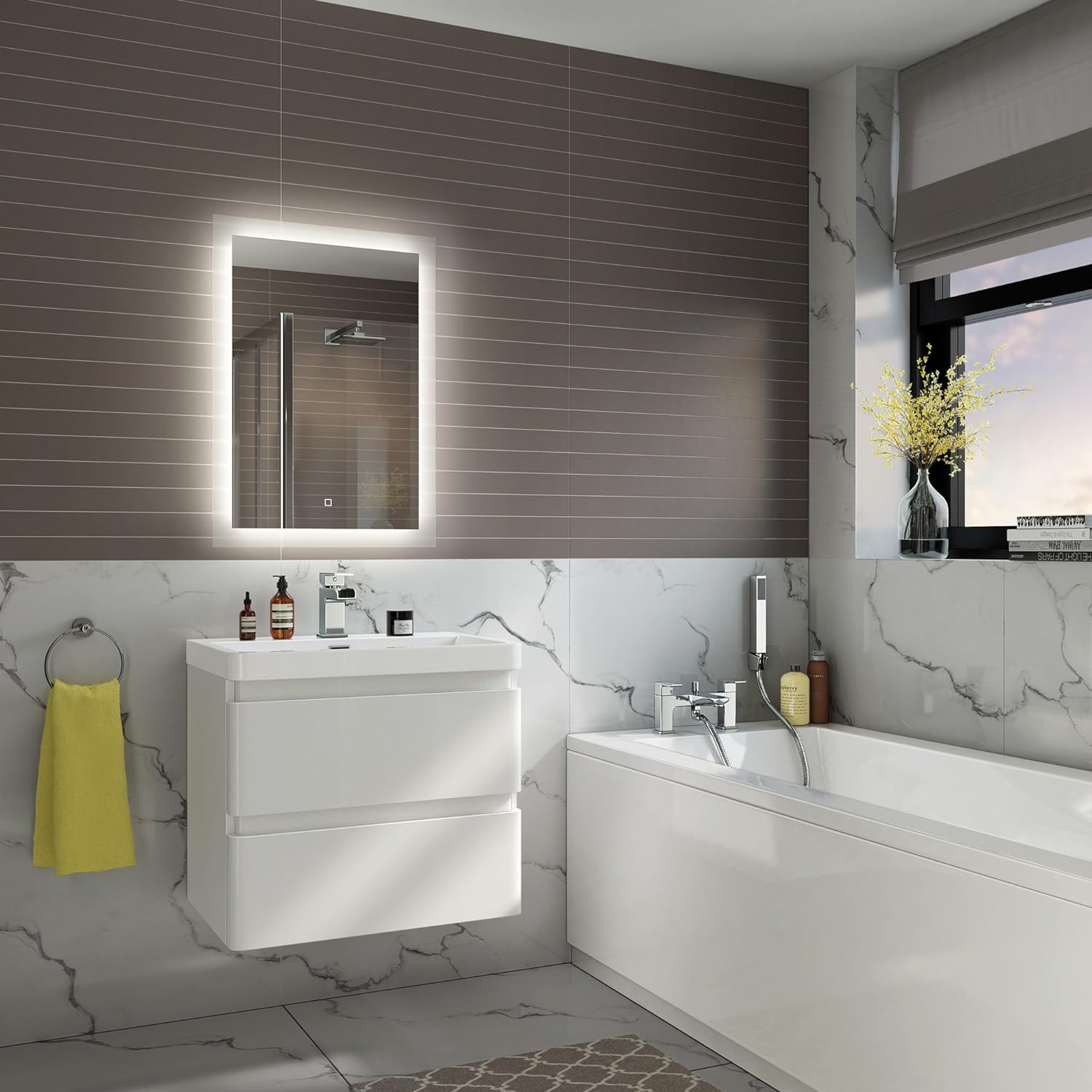 iBathUK Lustre Wall Mounted LED Bathroom Mirror, Modern Pre-Assembled Illuminated Light Up Mirror with 6500K LED Lighting, Demister Pad and Touch Switch Control, Portrait Mounting, 500 x 700mm