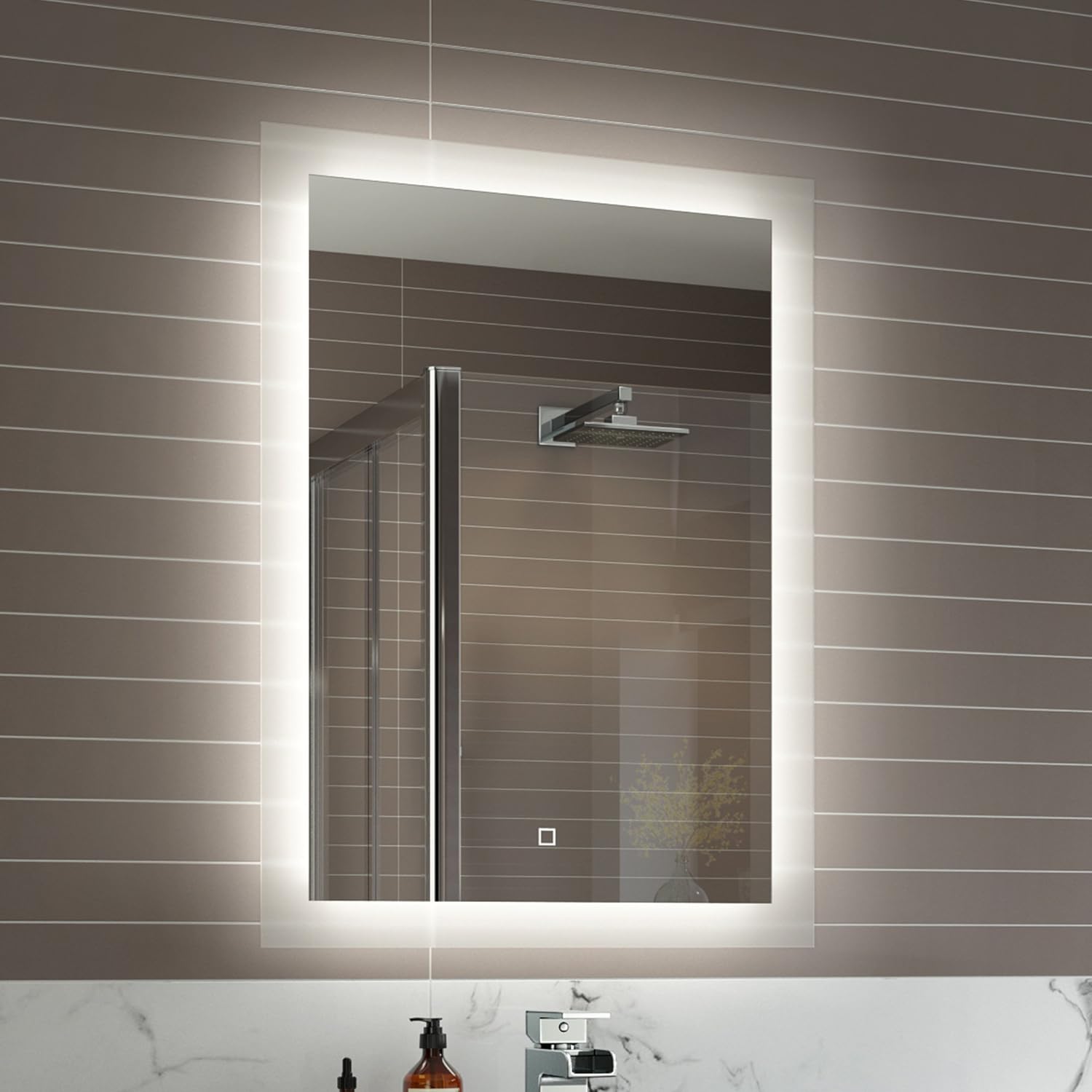 iBathUK Lustre Wall Mounted LED Bathroom Mirror, Modern Pre-Assembled Illuminated Light Up Mirror with 6500K LED Lighting, Demister Pad and Touch Switch Control, Portrait Mounting, 500 x 700mm