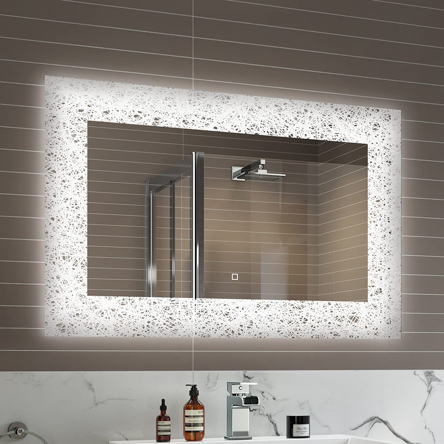 iBathUK Vellin Wall Mounted Illuminated LED Bathroom Mirror with Light Sensor & Built-in Demister, Modern Bathroom Mirror in Silver Finish, 900 x 600mm