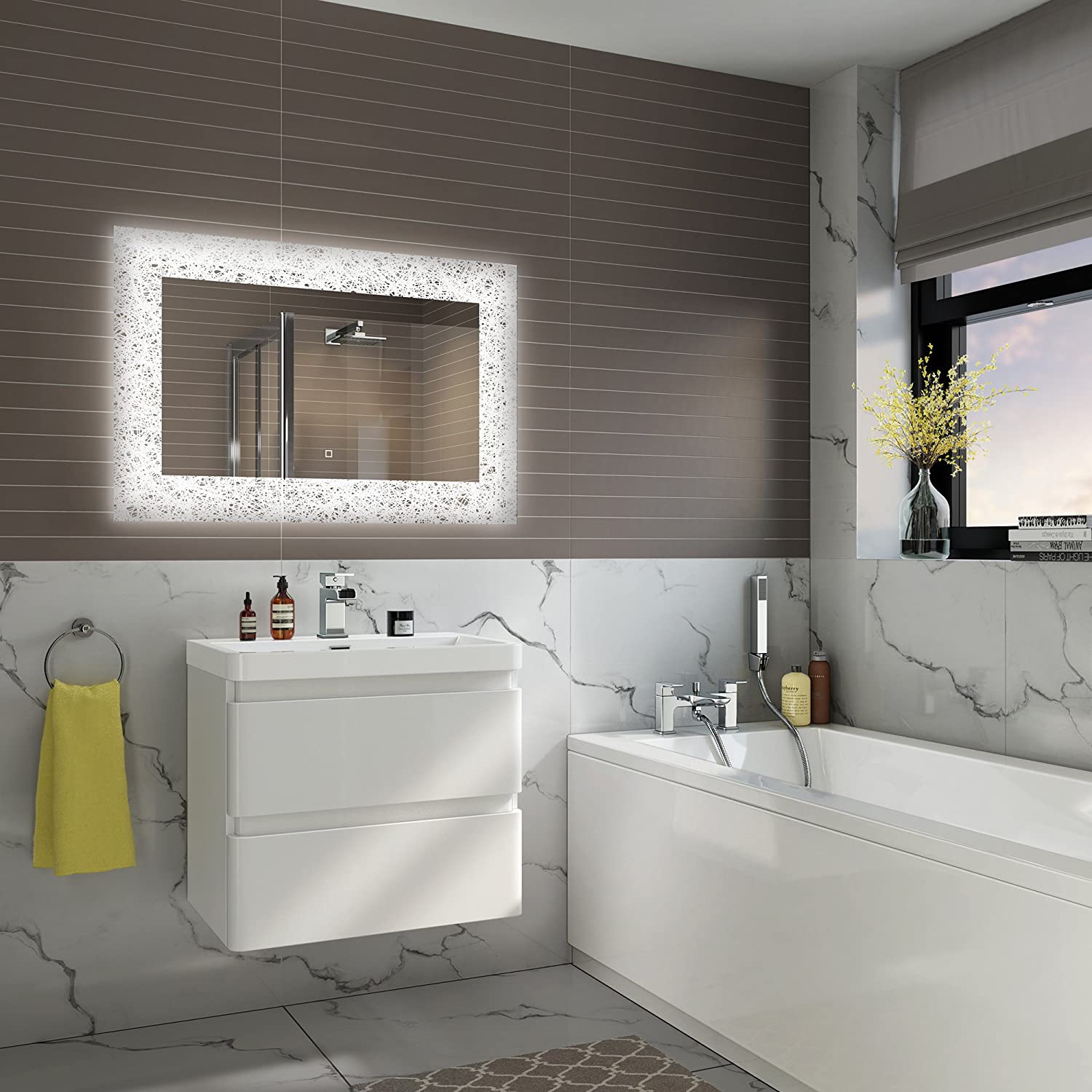 iBathUK Vellin Wall Mounted Illuminated LED Bathroom Mirror with Light Sensor & Built-in Demister, Modern Bathroom Mirror in Silver Finish, 900 x 600mm
