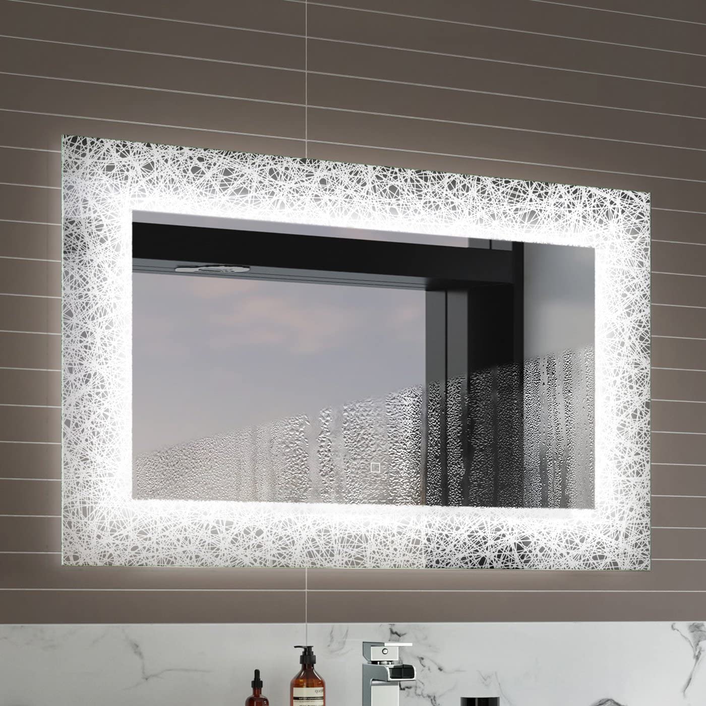 iBathUK Vellin Wall Mounted Illuminated LED Bathroom Mirror with Light Sensor & Built-in Demister, Modern Bathroom Mirror in Silver Finish, 900 x 600mm