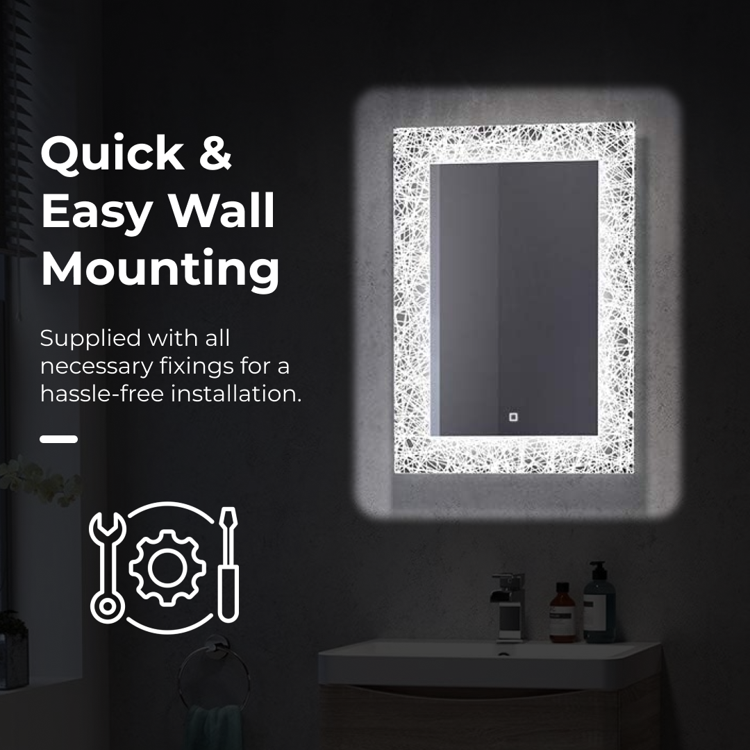 iBathUK Solstice Celestial LED Wall Mounted Bathroom Mirror, Modern Pre-Assembled Illuminated Light Up Mirror with Lighting in Portrait Design, Demister Pad, Touch Switch Control, 500 x 700mm