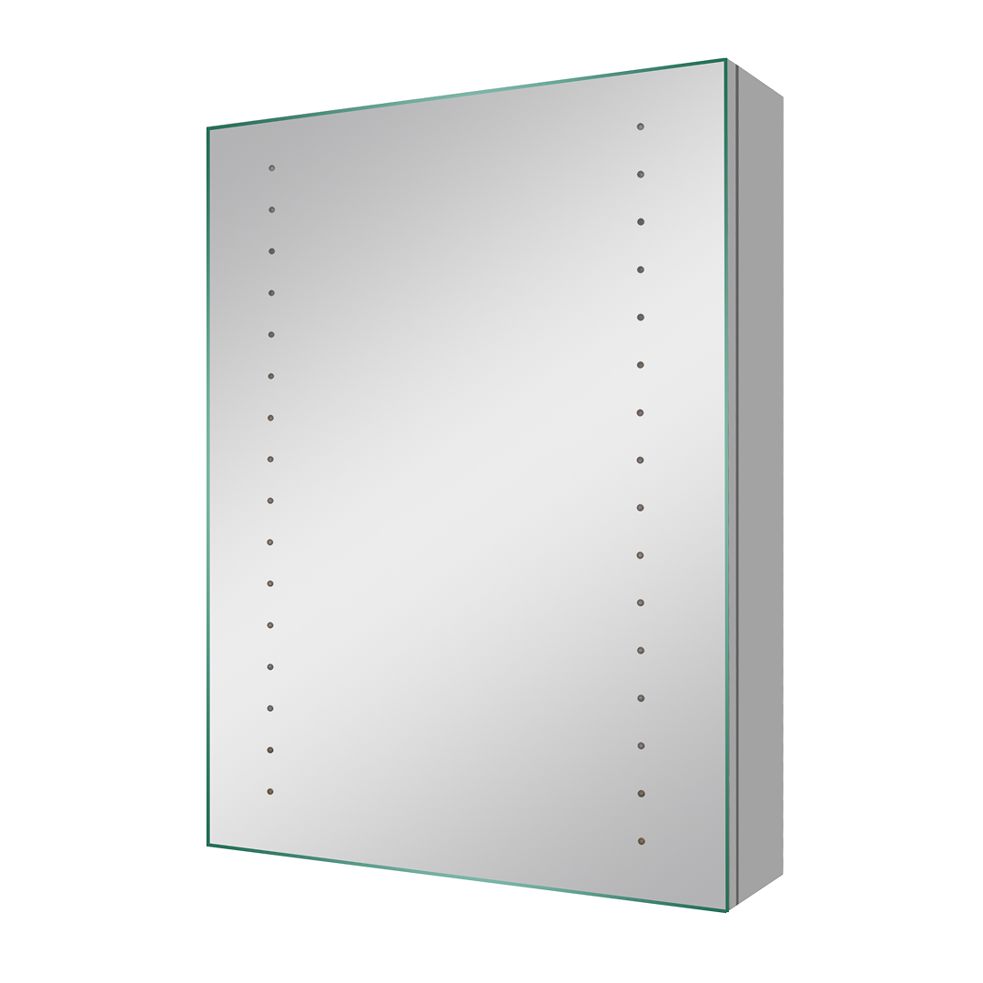 iBathUK Lunar Wall Mounted LED Bathroom Mirror Cabinet, Aluminium Build Illuminated Mirror with Hinged Door Cabinet and 16 LED Lights and Adjustable Glass Shelves in Silver Finish, 450 x 600mm