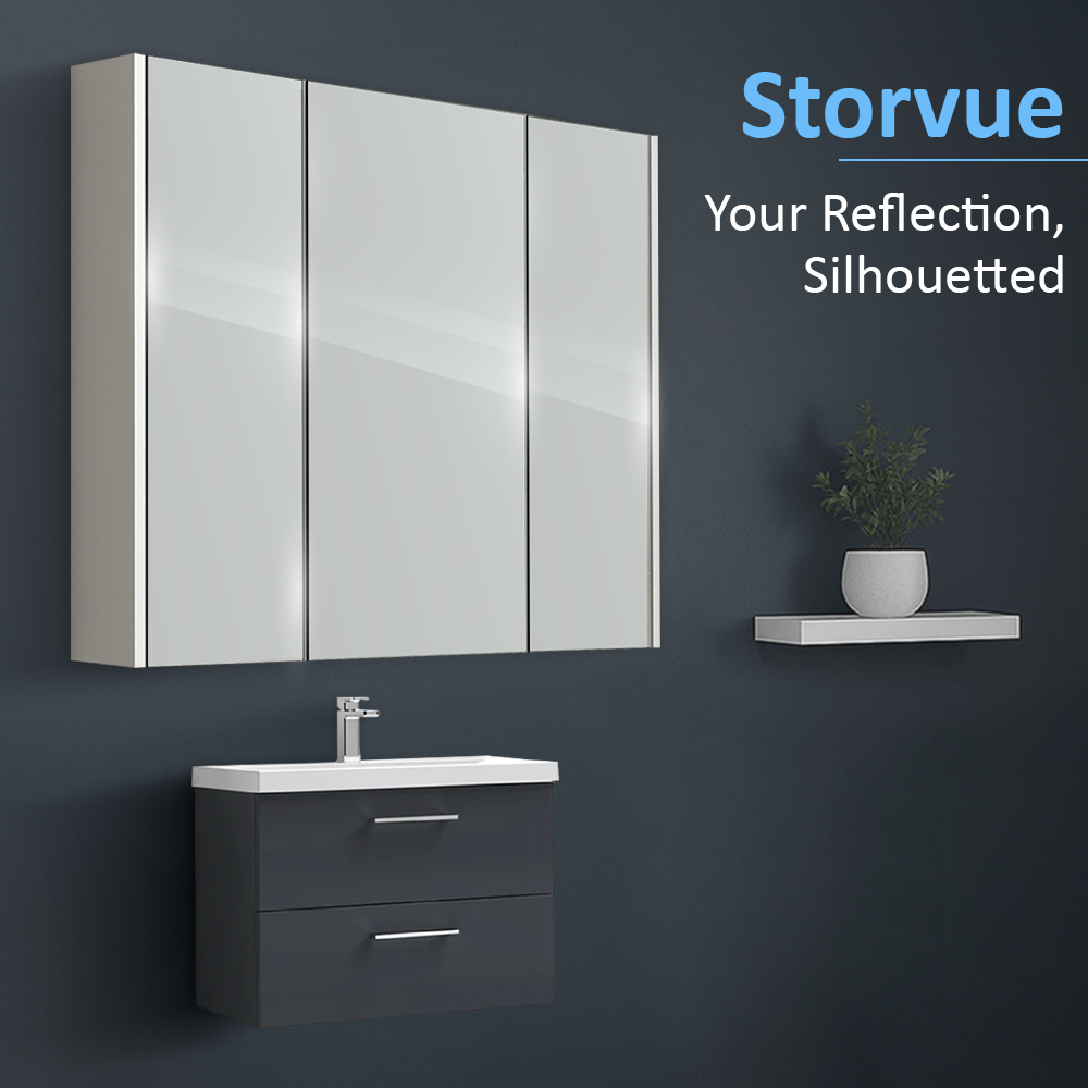iBathUK Storvue Wall-Mounted Bathroom Mirror Cabinet with 3 Soft-Close Mirrored Doors, Contemporary Bathroom Mirror Cabinet in Gloss White Finish, 900mm