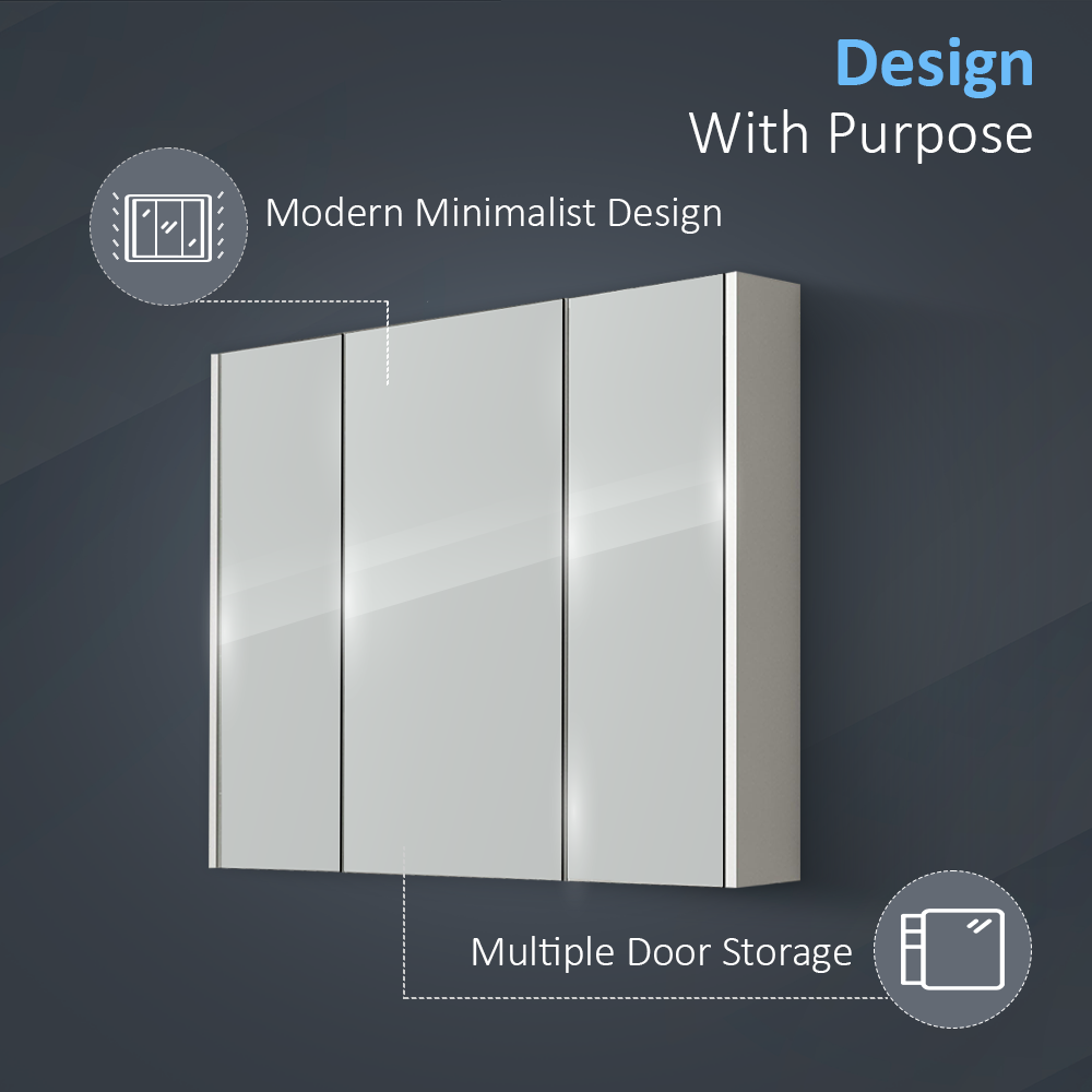 iBathUK Storvue Wall-Mounted Bathroom Mirror Cabinet with 3 Soft-Close Mirrored Doors, Contemporary Bathroom Mirror Cabinet in Gloss White Finish, 900mm