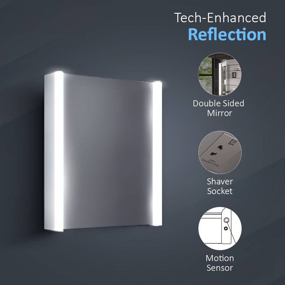 iBathUK Rehaus Wall-Mounted LED Illuminated Mirror Cabinet with Bluetooth, Shaver Socket, Touch Sensor, Adjustable Glass Shelves, Modern Bathroom Cabinet With Mirror in Silver, 500x650mm