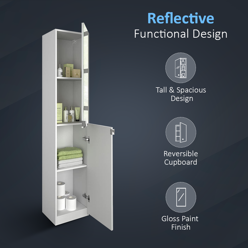 iBathUK Gleam Freestanding Bathroom Mirror Cabinet 1700mm, Tall Vertical Storage Cabinet with 4 Mirrored Doors & Adjustable Shelves - Matte White