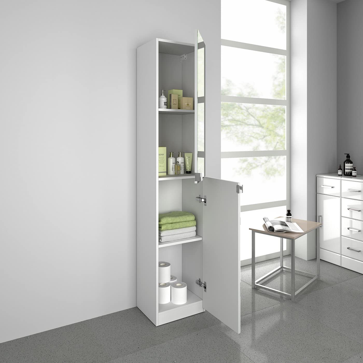 iBathUK Gleam Freestanding Bathroom Mirror Cabinet 1700mm, Tall Vertical Storage Cabinet with 4 Mirrored Doors & Adjustable Shelves - Matte White