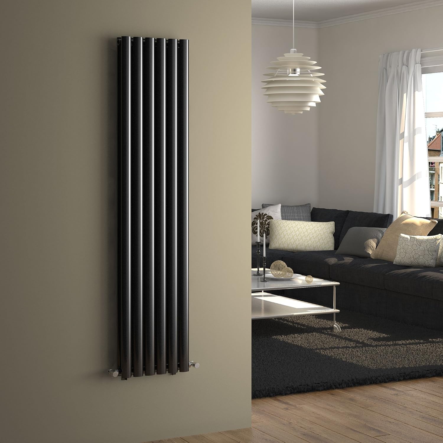 iBathUK Strata Vertical Column Radiator, Oval Double Panel Heater, Slim Designer Radiator for Modern UK Interiors, Black, 1600 x 360 mm