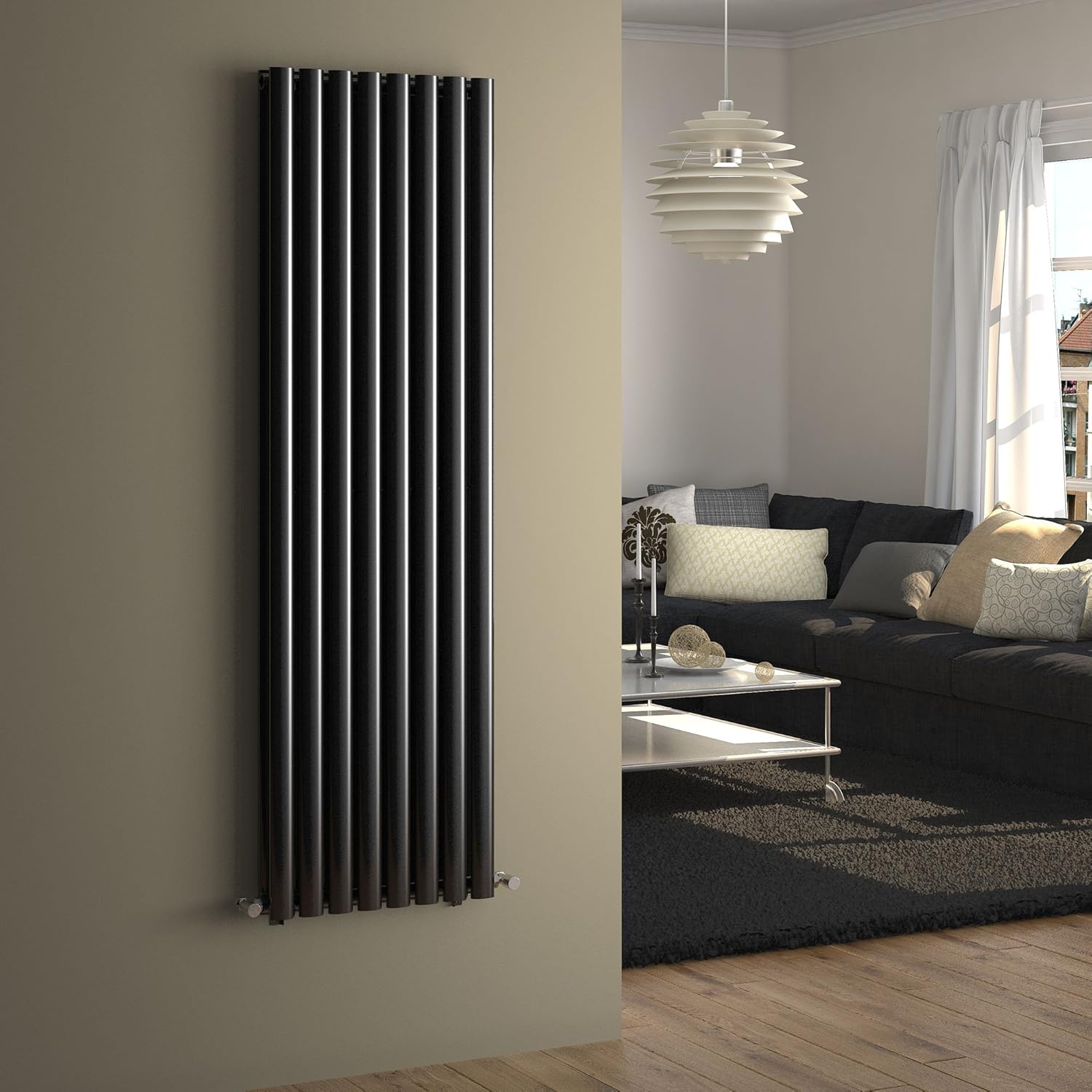 iBathUK Strata Vertical Column Radiator, Oval Double Panel Heater, Slim Designer Radiator for Modern UK Interiors, Black, 1600 x 480 mm