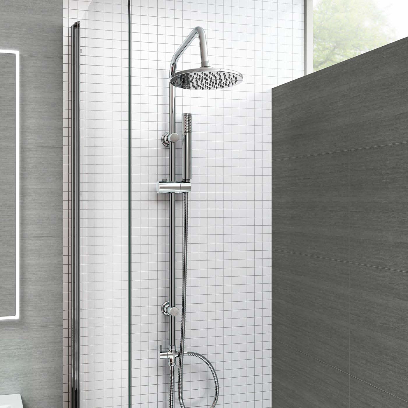 iBathUK Elevex 2 Way Shower Riser Rail Kit with Fixed Head, Handset & Diverter - Chrome