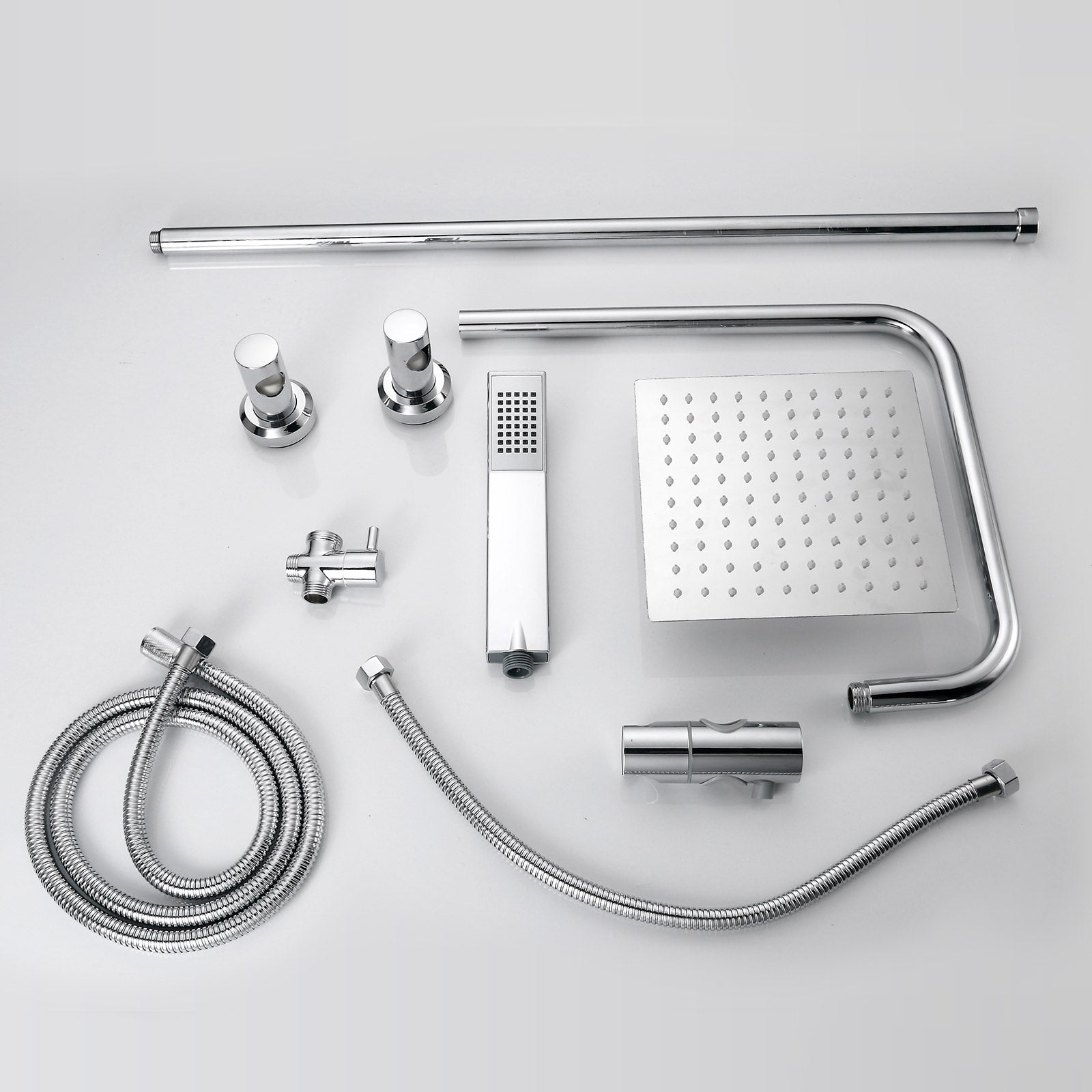 iBathUK Elevex 2 Way Shower Riser Rail Kit with SS Fixed Head & Diverter, Square Design with Universal Fittings, Shower Riser Rail, Chrome, H110 x W20 x D44cm